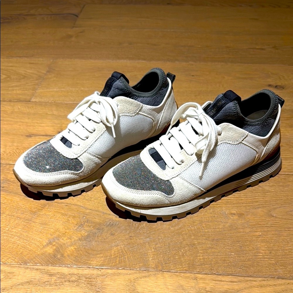 Brunello Cucinelli White Sneakers with Suede & Monli